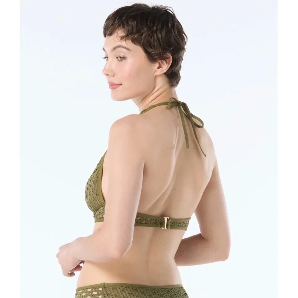 Carmen Marc Valvo Olive Green Crochet Halter Bikini Top C21962 Olive L $82 NWT